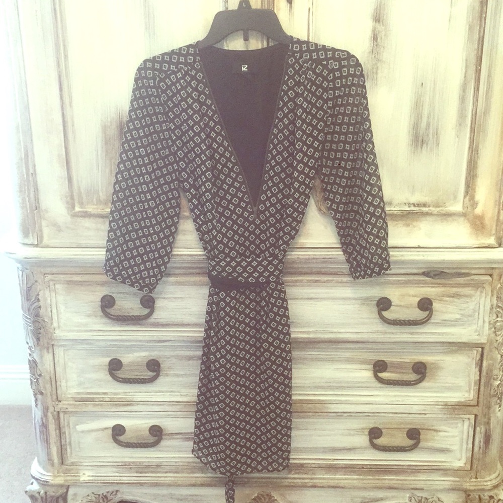 Black and white zip in front wrap around dress